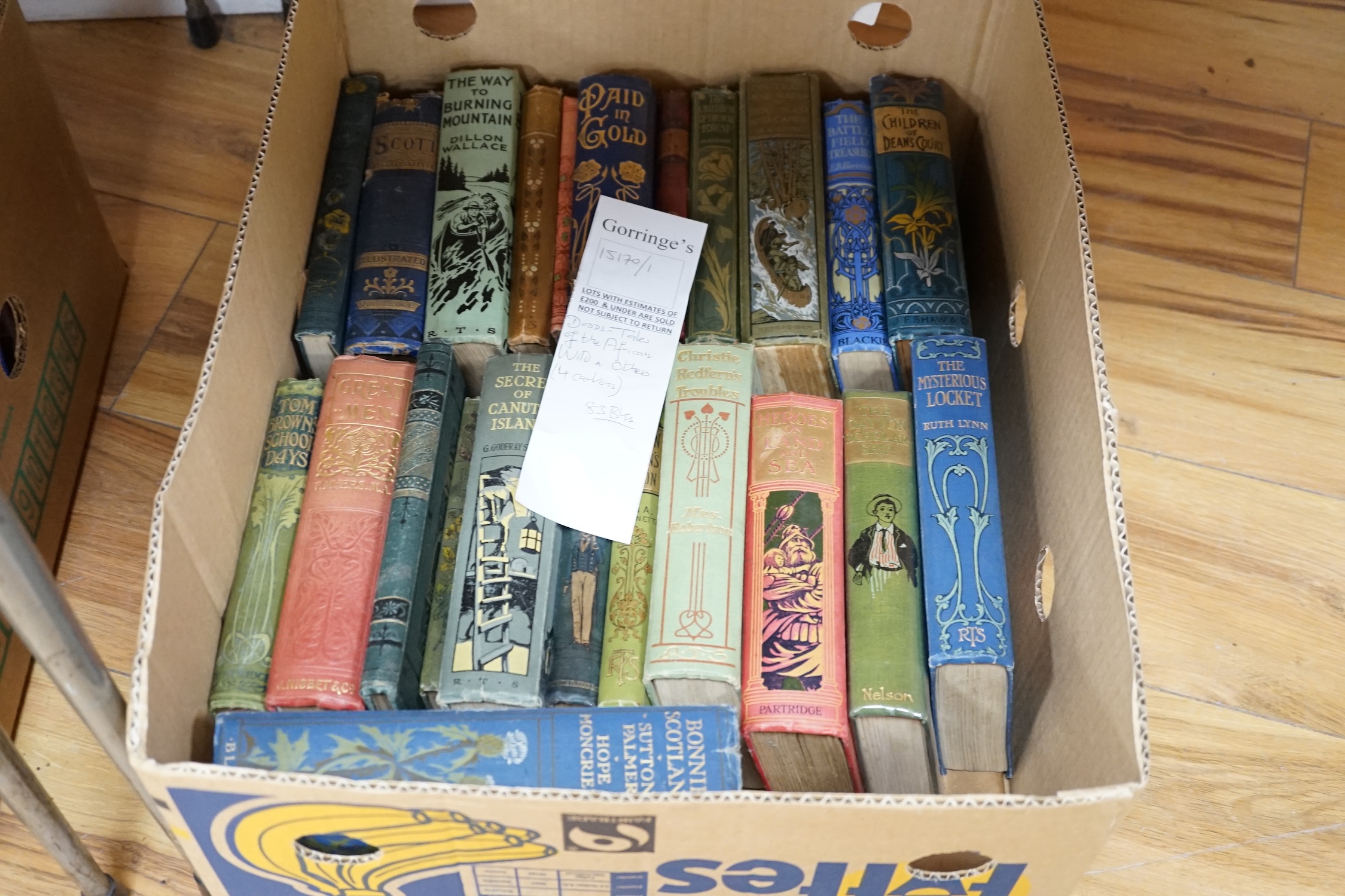 Old Children's books - mostly late 19th century and early 20th century; most with illus. and coloured pictorial cloth bindings; include F.W. Dodds - Tales of the African Wild (1914); Thos. Cobb - The Boy Tramp (1906); He